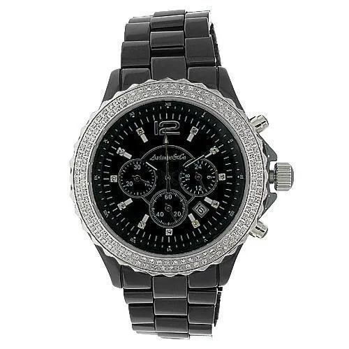 Avianne&Co Mens Ceramic Stainless Steel Black Chrono Diamond Watch 2.32 Ctw