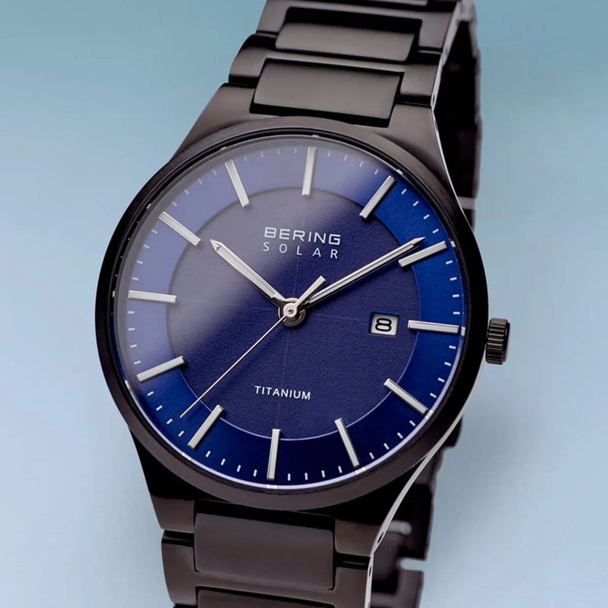BERING Solar Brushed Black Titanium Blue Dial Men's Watch 15239-727