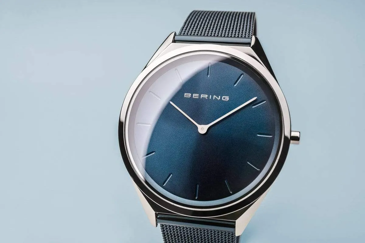 BERING Ultra Slim 39mm Polished Case Blue Mesh Strap Unisex Watch 17039-307