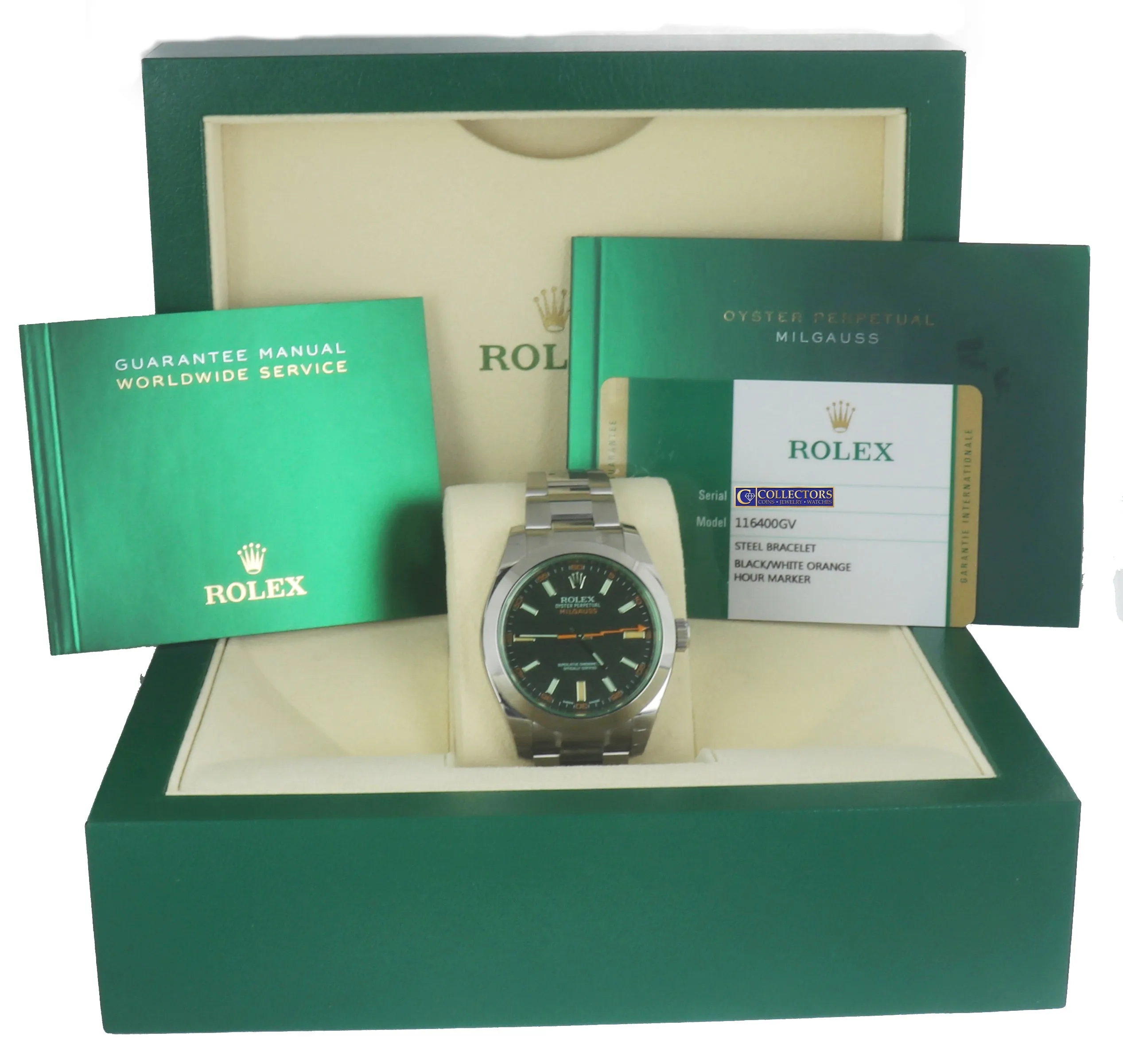 BRAND NEW Rolex Milgauss Green Black Orange 116400 GV V 40mm Stainless Watch