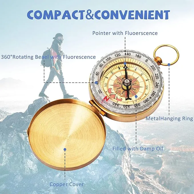 Camping Survival Compass for Hiking, Pocket Compass for Kids, Glow in The Dark Compass for Camping Hunting, Outdoor Military Navigation Tool