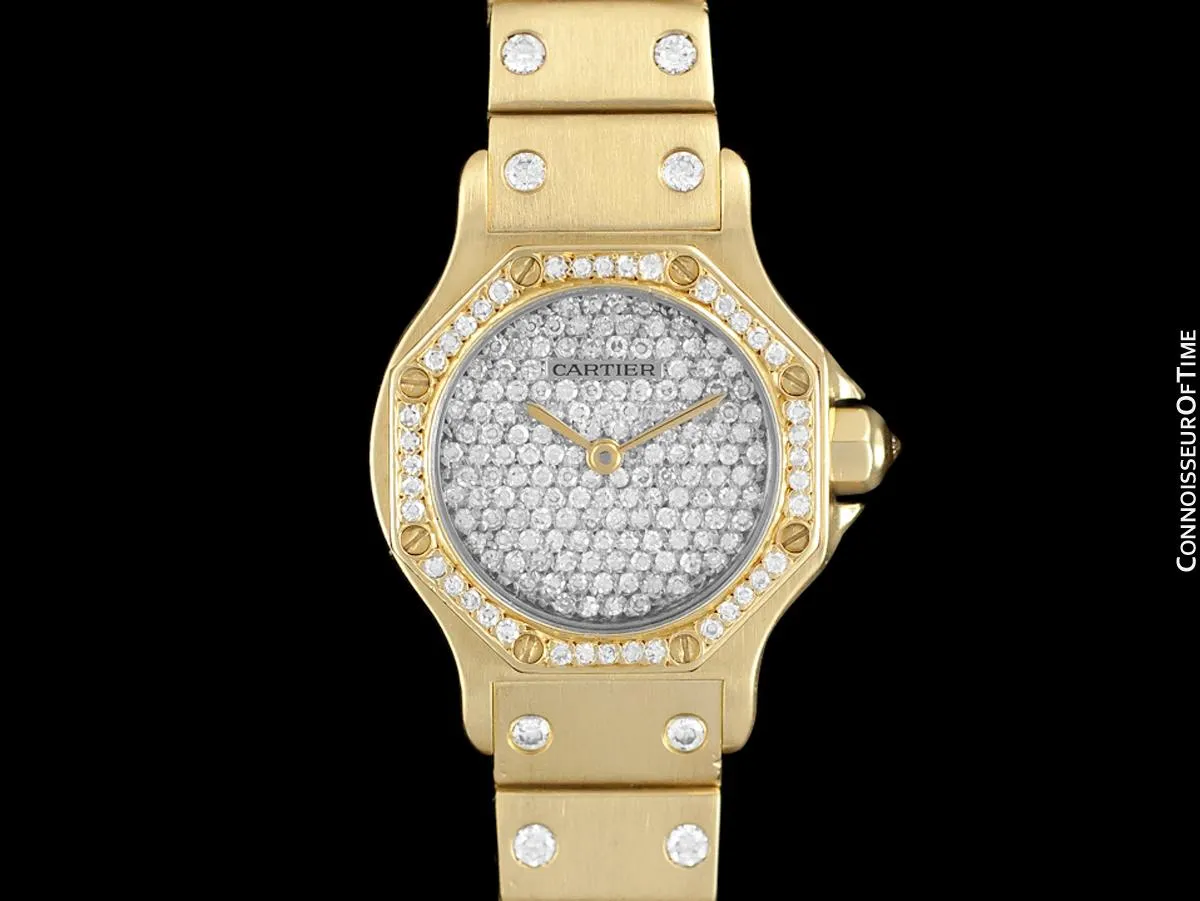 Cartier Santos Octagon Ladies Watch, Automatic Watch - 18K Gold & 1.5 Carats of Diamonds