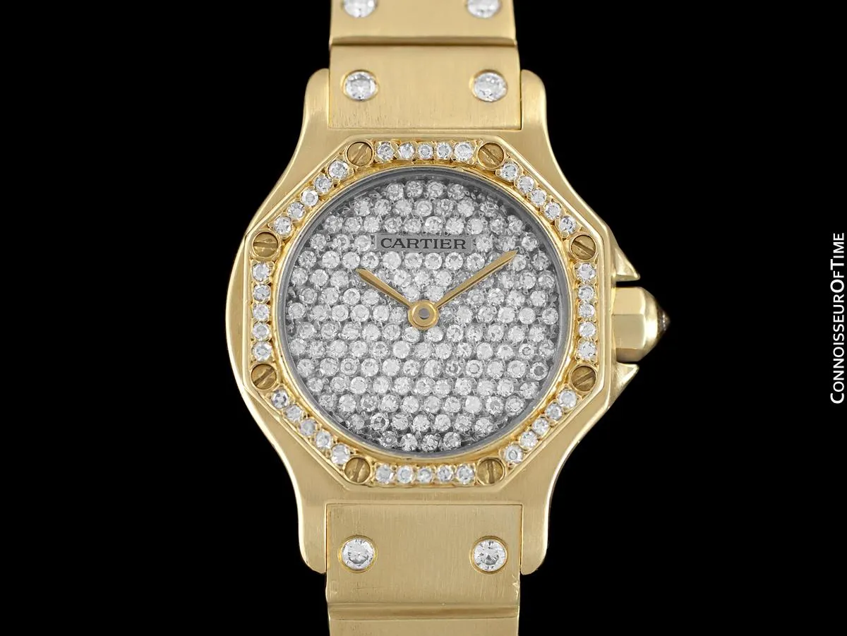 Cartier Santos Octagon Ladies Watch, Automatic Watch - 18K Gold & 1.5 Carats of Diamonds