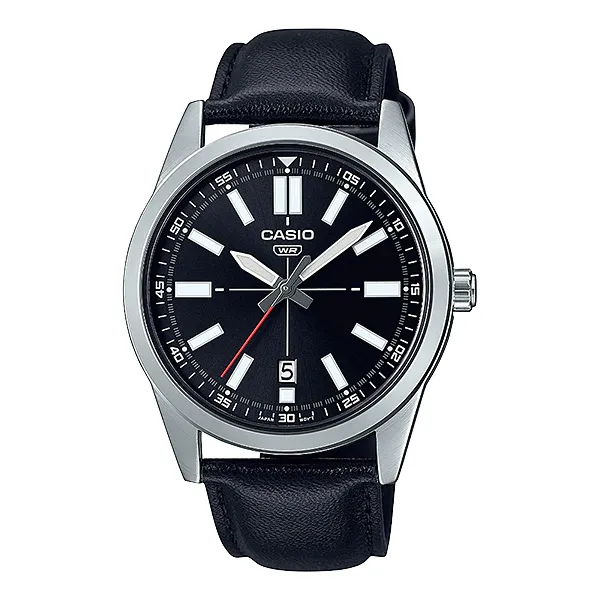 Casio Black Leather Strap Black Dial Quartz Watch for Gents - MTP-VD02L-1EUDF