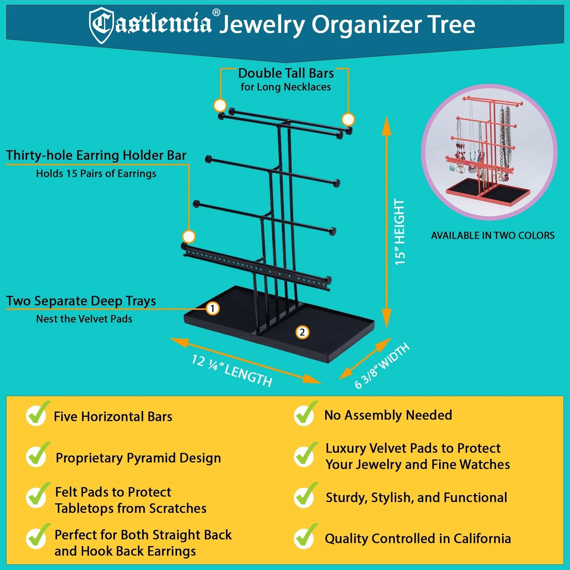 Castlencia Black Velvet Tray Extra Large 5 Tier Tabletop Bracelet, Necklace, Earring Display Jewelry Tree - Jewelry Organizer Holder