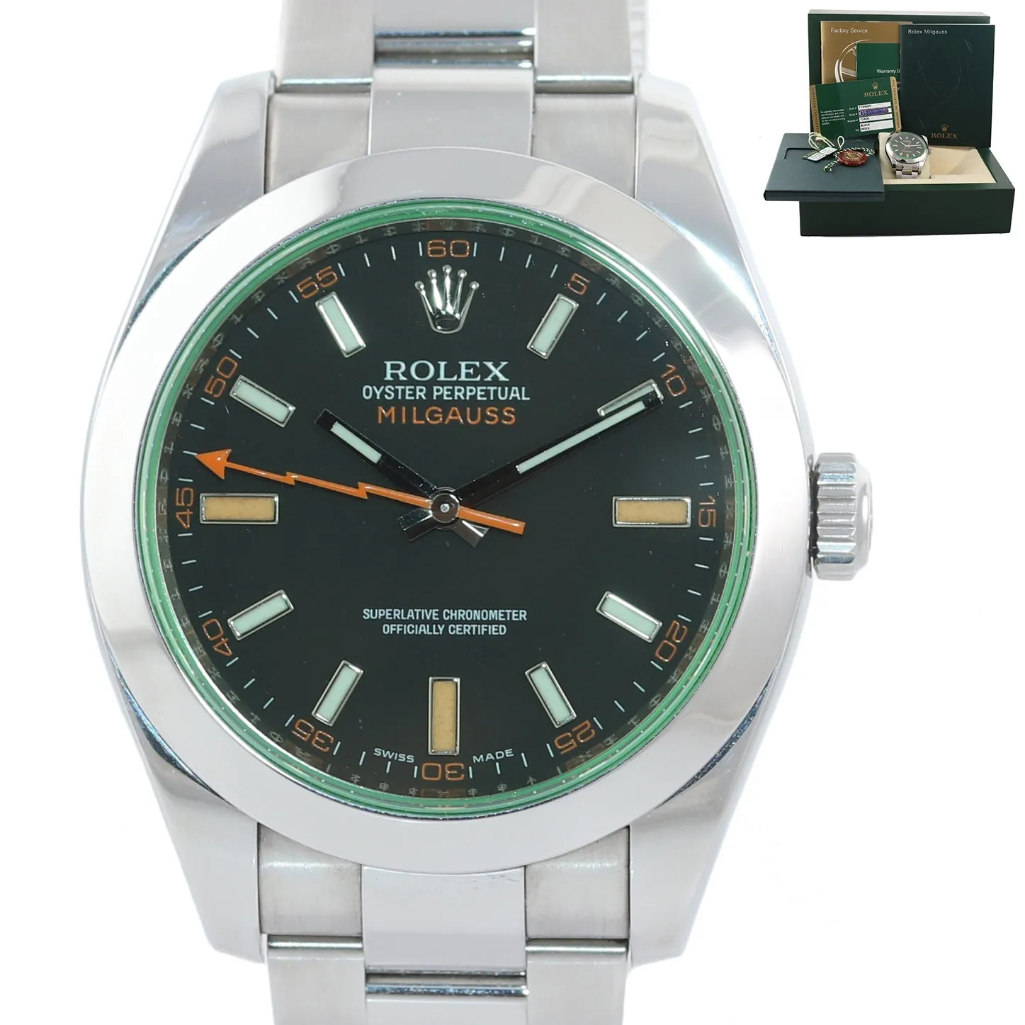 Copy of 2015 PAPERS Rolex Milgauss Green Anniversary 116400gv Steel Black Watch Box
