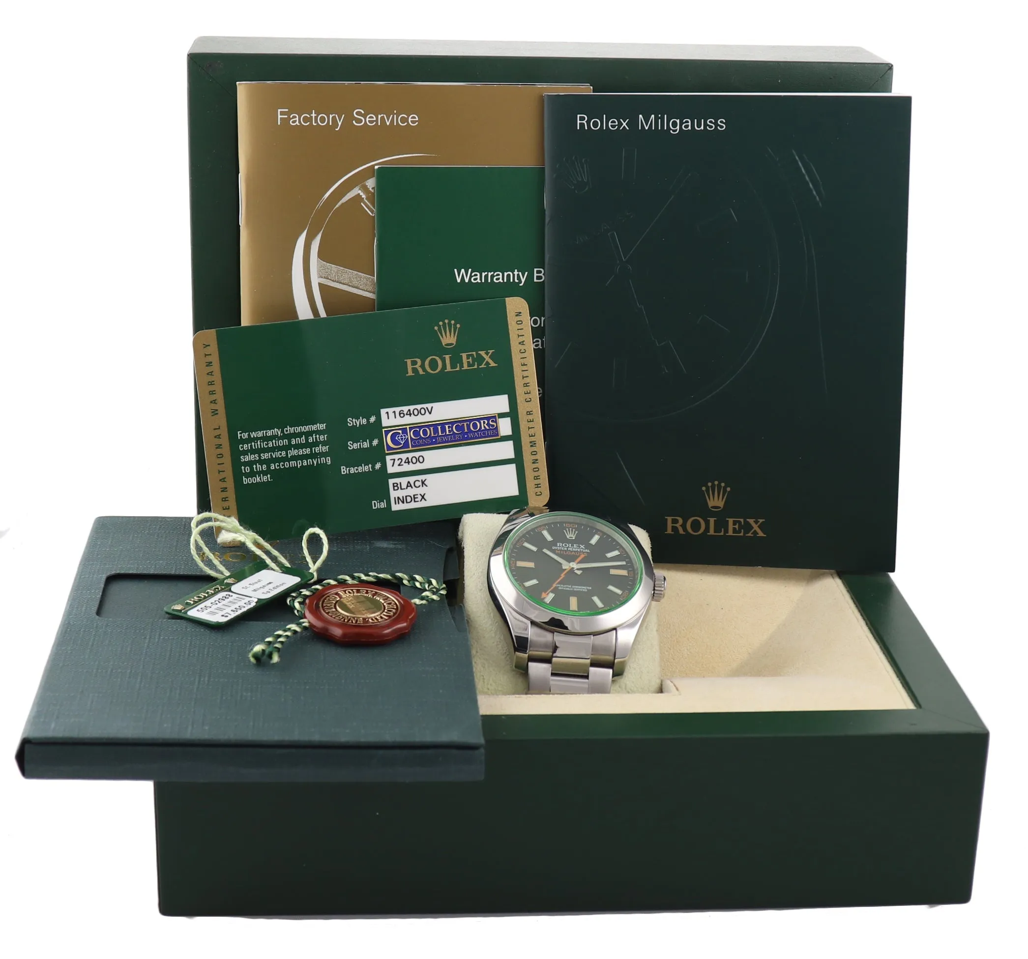 Copy of 2015 PAPERS Rolex Milgauss Green Anniversary 116400gv Steel Black Watch Box