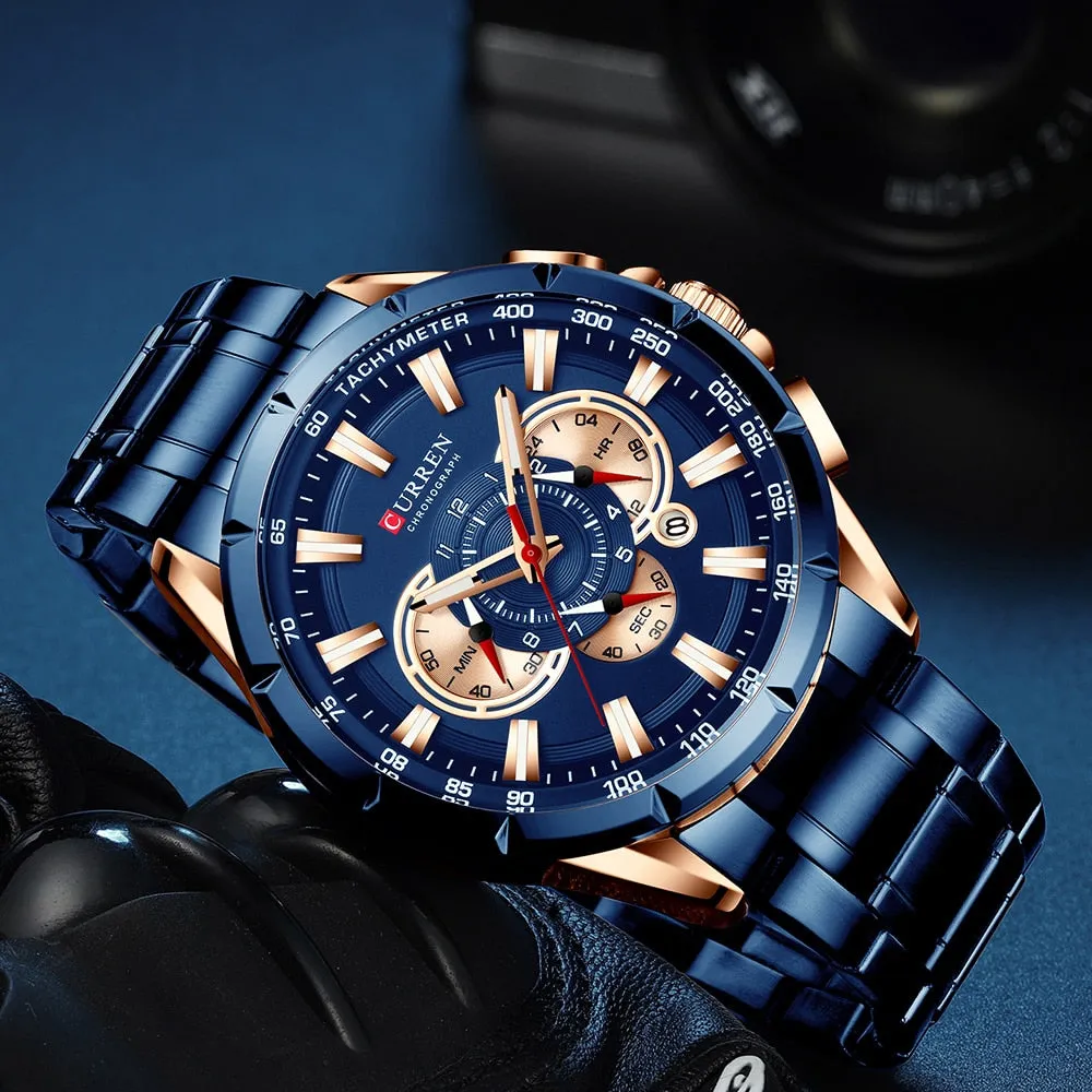 CURREN Men's Watch Fashion Sport Quartz Chronograph Waterproof Luxury Wristwatches with Luminous Hands