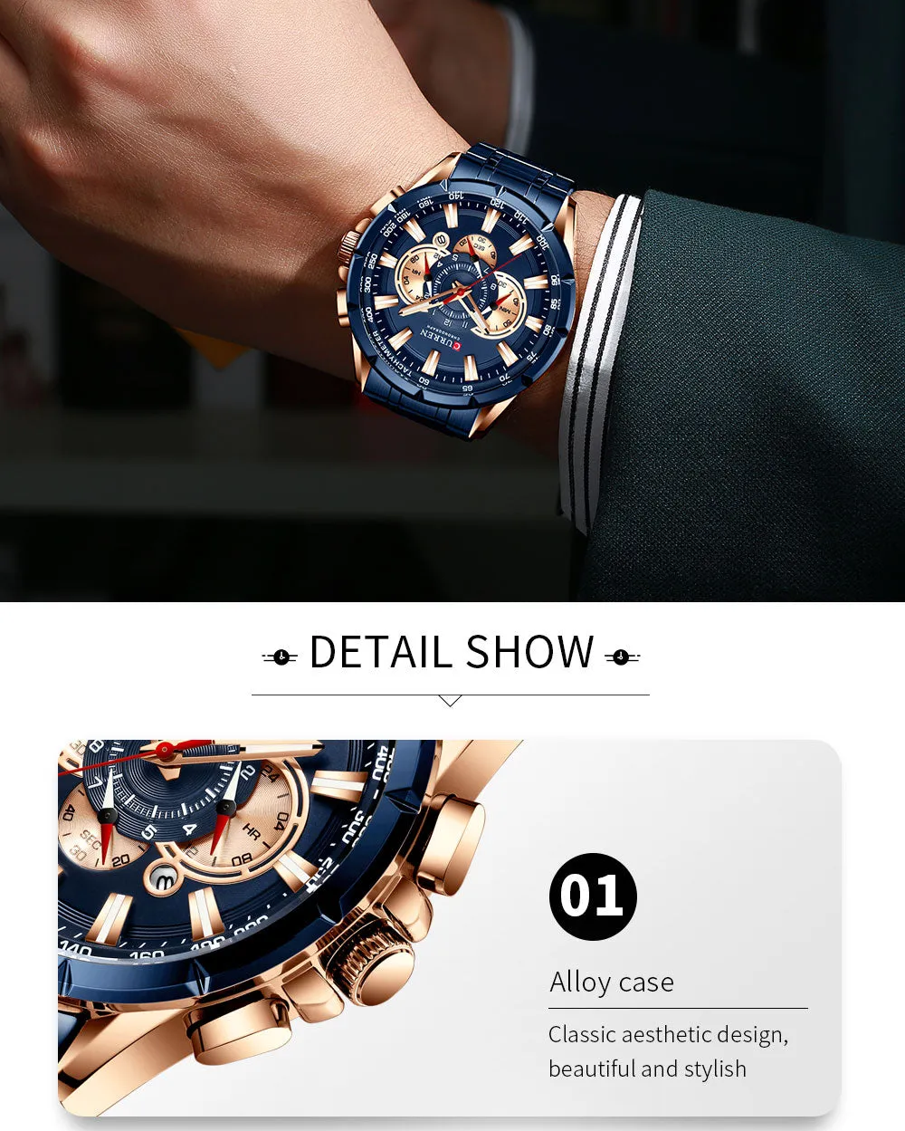 CURREN Men's Watch Fashion Sport Quartz Chronograph Waterproof Luxury Wristwatches with Luminous Hands