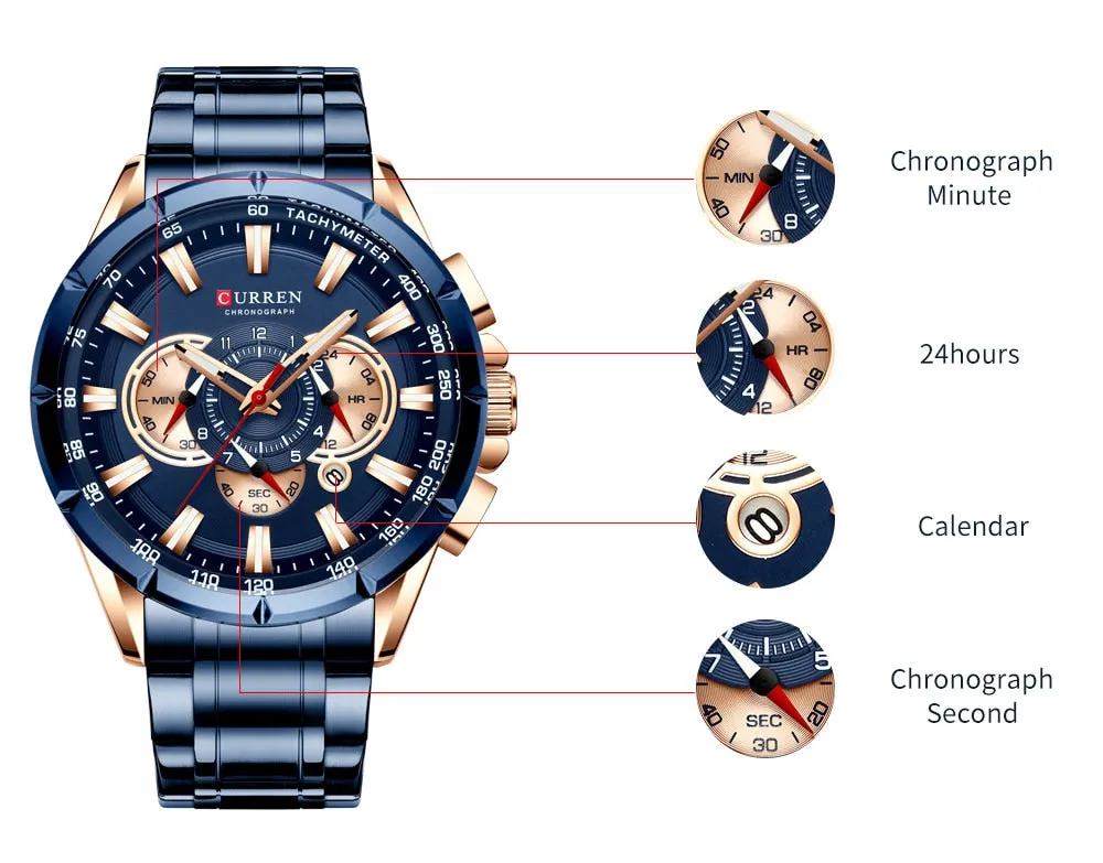 CURREN Men's Watch Fashion Sport Quartz Chronograph Waterproof Luxury Wristwatches with Luminous Hands