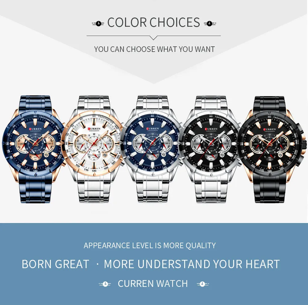 CURREN Men's Watch Fashion Sport Quartz Chronograph Waterproof Luxury Wristwatches with Luminous Hands