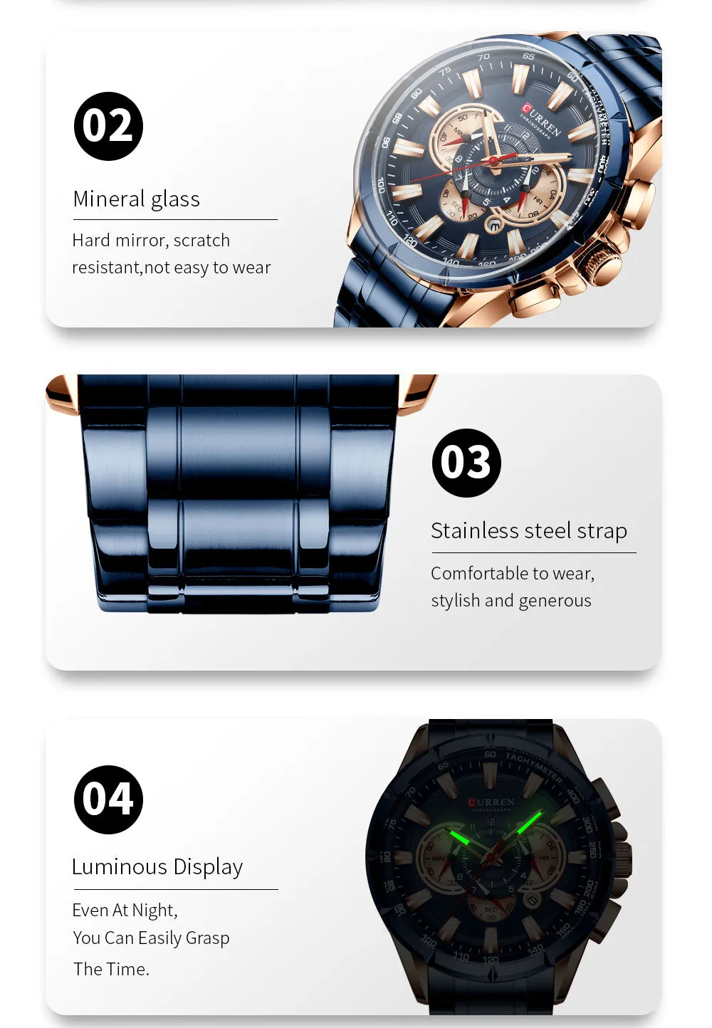 CURREN Men's Watch Fashion Sport Quartz Chronograph Waterproof Luxury Wristwatches with Luminous Hands