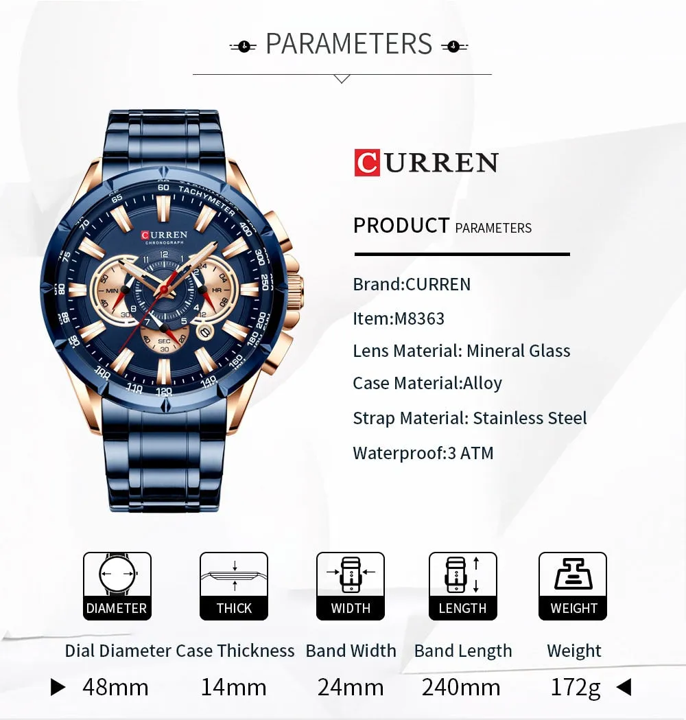 CURREN Men's Watch Fashion Sport Quartz Chronograph Waterproof Luxury Wristwatches with Luminous Hands