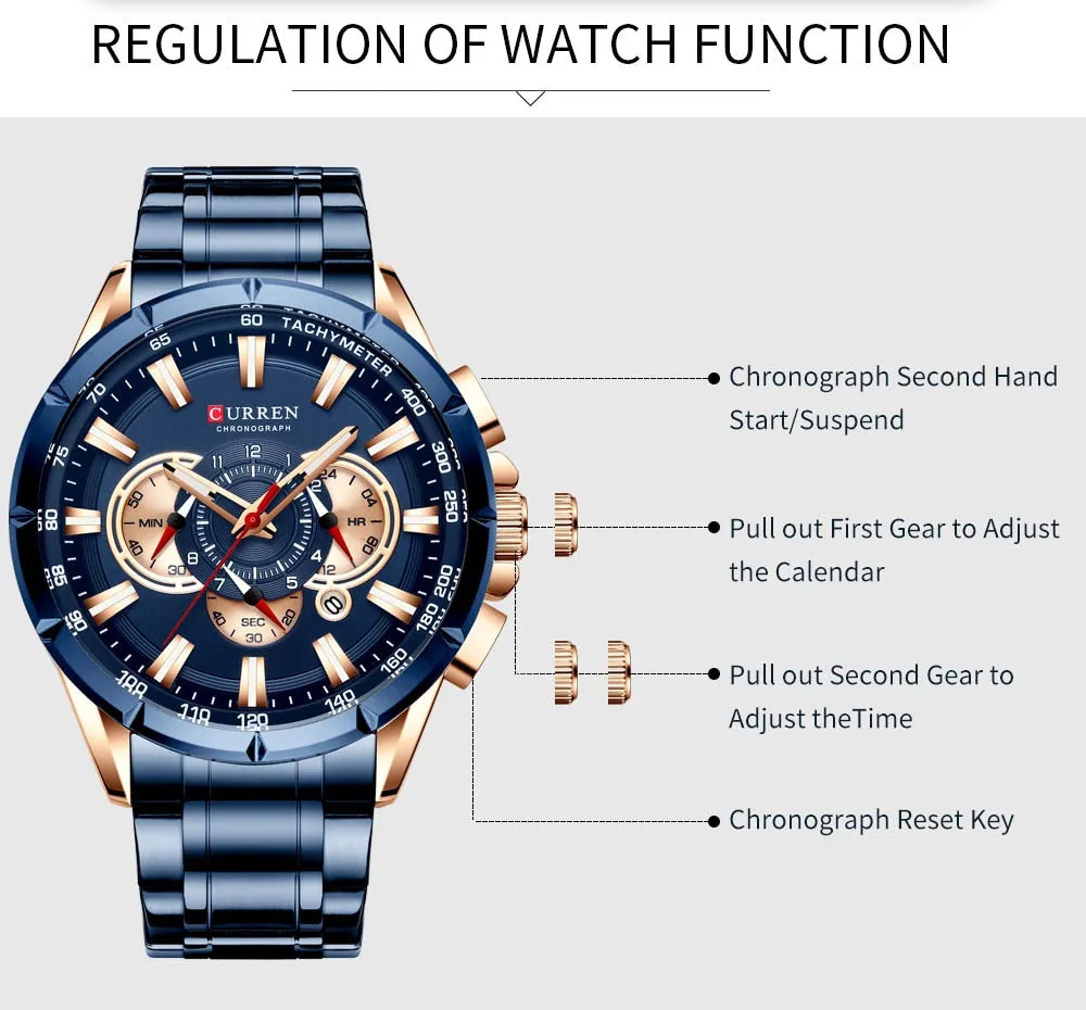 CURREN Men's Watch Fashion Sport Quartz Chronograph Waterproof Luxury Wristwatches with Luminous Hands