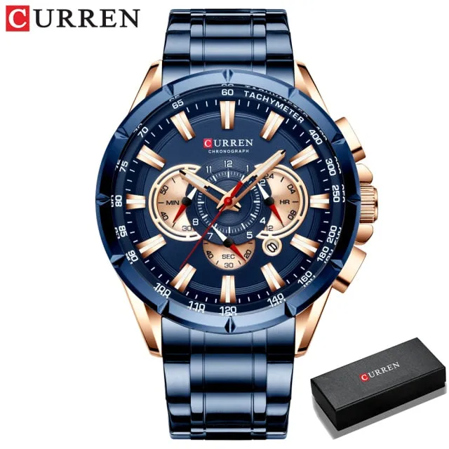 CURREN Men's Watch Fashion Sport Quartz Chronograph Waterproof Luxury Wristwatches with Luminous Hands