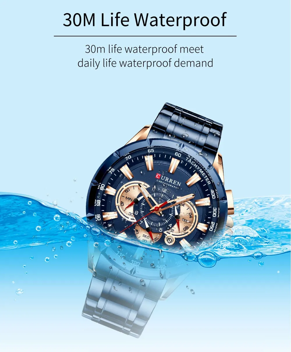 CURREN Men's Watch Fashion Sport Quartz Chronograph Waterproof Luxury Wristwatches with Luminous Hands