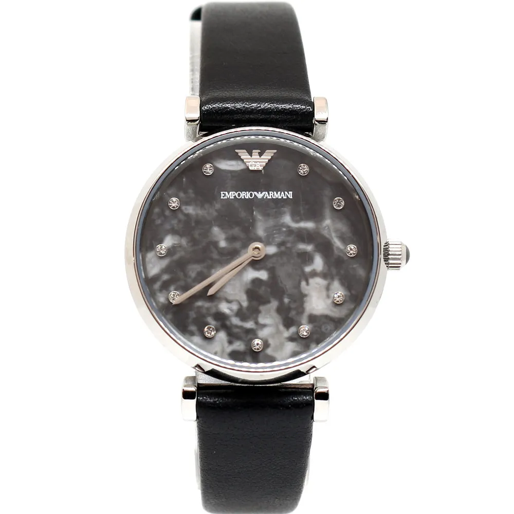 Emporio Armani Ladies Watch SS Case With Crystal On The Dial & Black Leather Strap