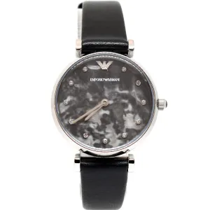 Emporio Armani Ladies Watch SS Case With Crystal On The Dial & Black Leather Strap