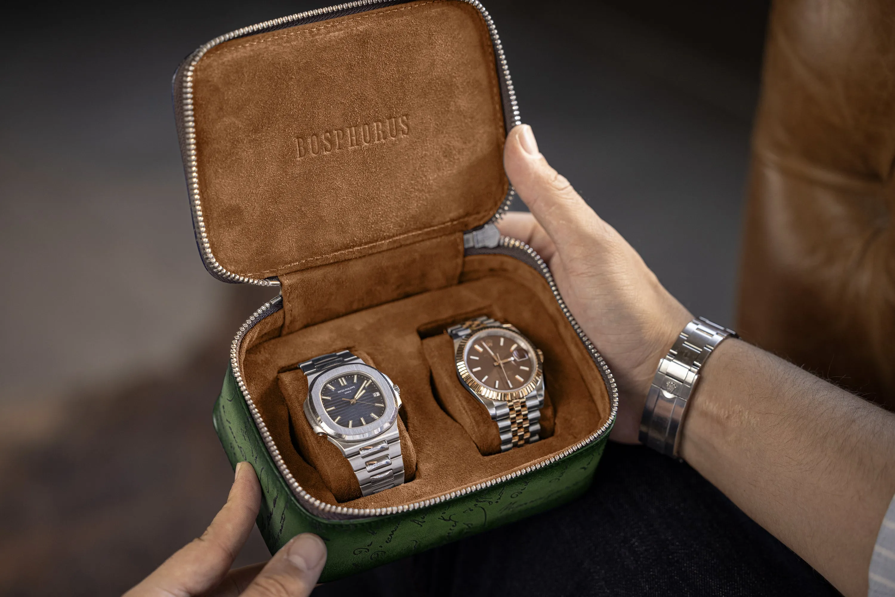 Ephesus Watch Case - Parchment Patina Green For 2 Watches