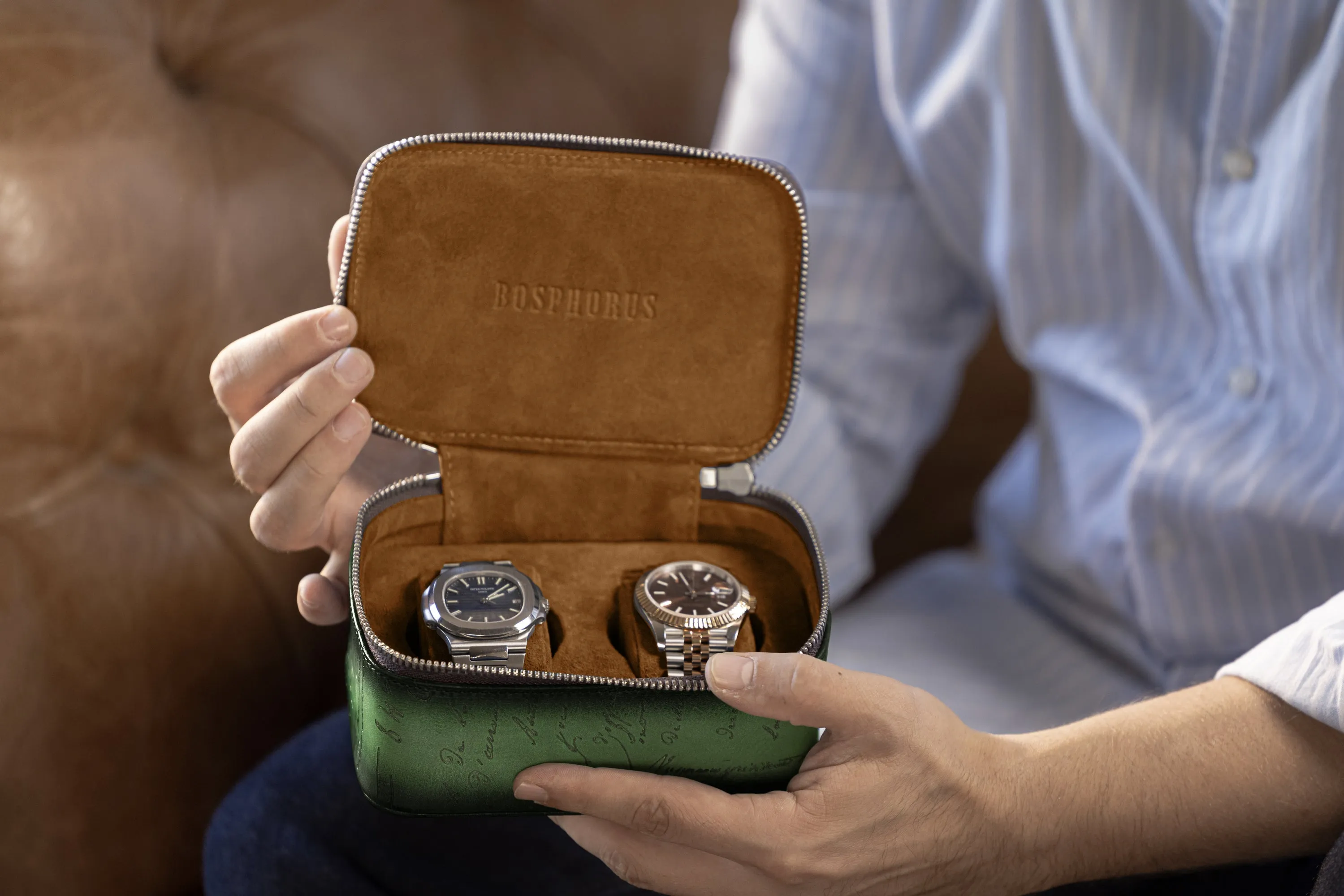 Ephesus Watch Case - Parchment Patina Green For 2 Watches