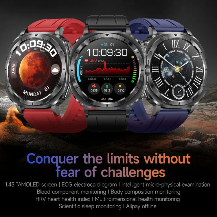 ET492 1.43 inch AMOLED Screen Silicone Strap Smart Watch Supports ECG/Blood Sugar Monitoring(Black)