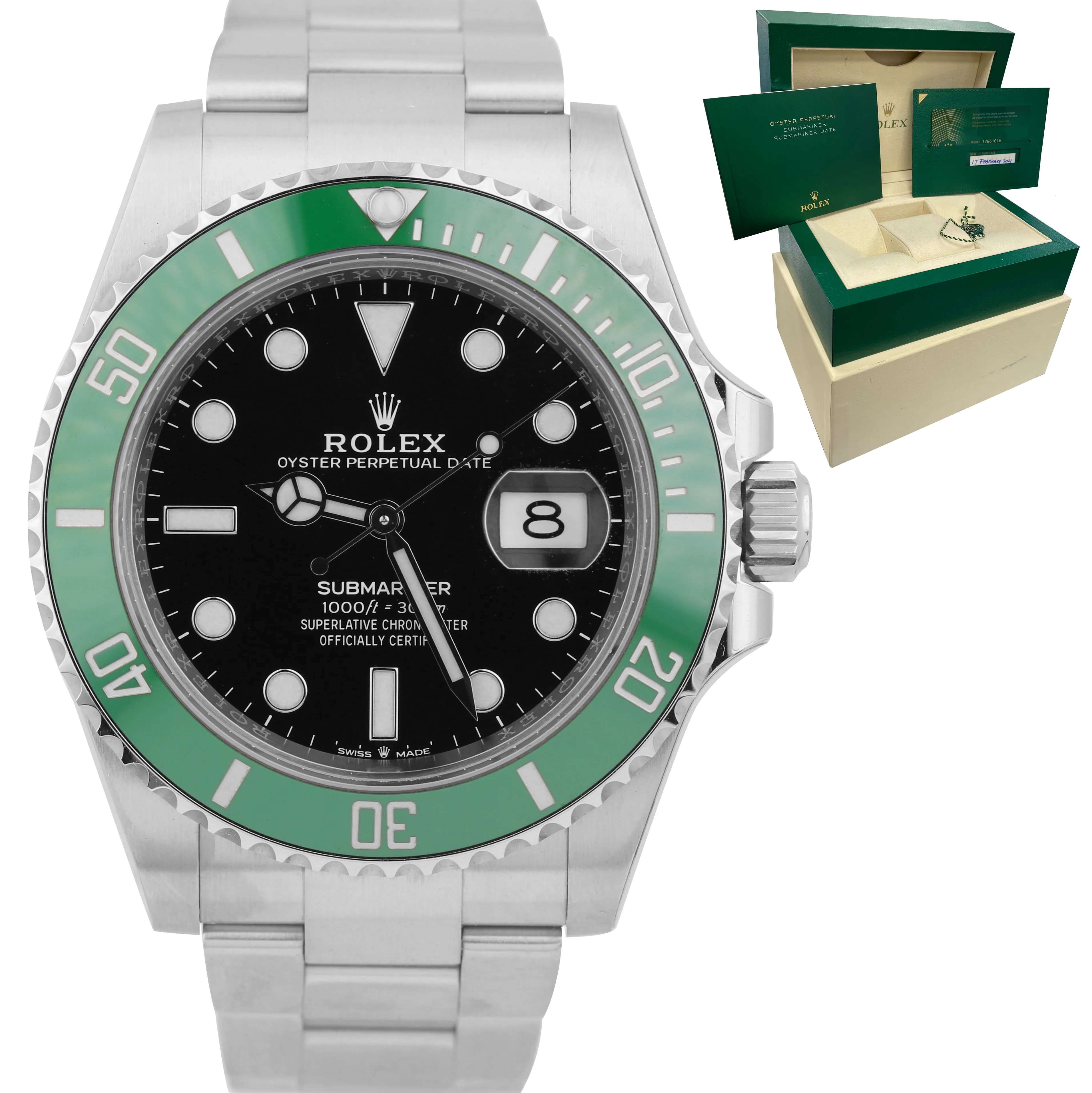 FEBRUARY 2021 Rolex Submariner 41mm Date GREEN KERMIT Ceramic Watch 126610 LV
