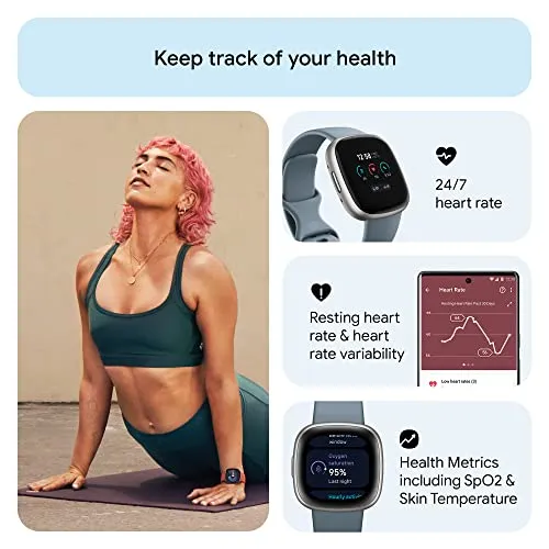 Fitbit Versa 4 Fitness Watch (Waterfall Blue / Platinum Aluminium) with 6-Month Premium Membership