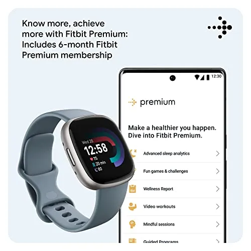 Fitbit Versa 4 Fitness Watch (Waterfall Blue / Platinum Aluminium) with 6-Month Premium Membership