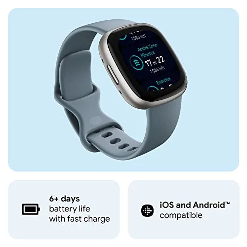 Fitbit Versa 4 Fitness Watch (Waterfall Blue / Platinum Aluminium) with 6-Month Premium Membership
