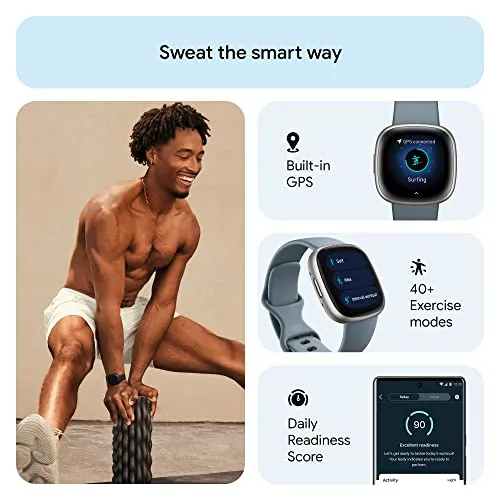 Fitbit Versa 4 Fitness Watch (Waterfall Blue / Platinum Aluminium) with 6-Month Premium Membership