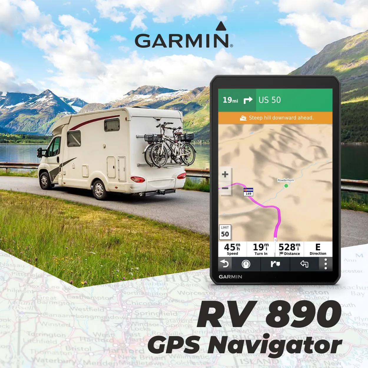 Garmin RV 890, GPS Navigator for RVs with Edge-to-Edge 8Ó Display, Preloaded Campgrounds with Wearable4U Power Pack Bundle