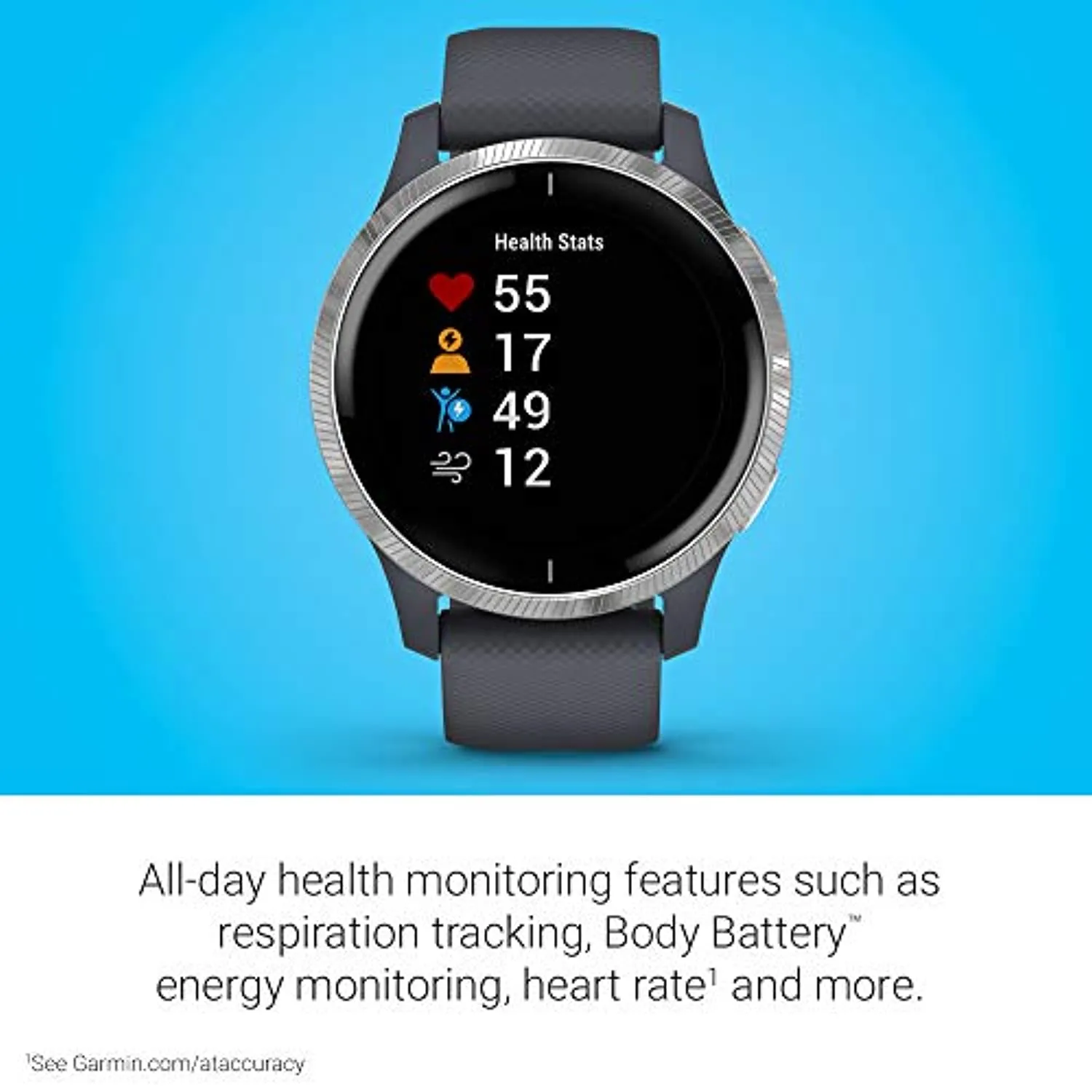 Garmin Venu, GPS Smartwatch with Bright Touchscreen Display, Features Music, Body Energy Monitoring, Animated Workouts, Pulse Ox Sensors and More, Granite Blue and Silver