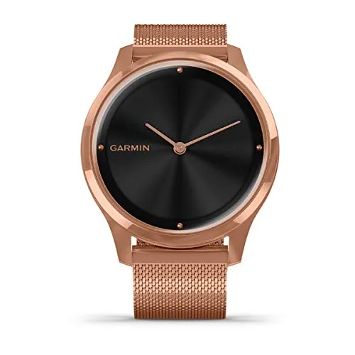 Garmin vívomove Luxe, Hybrid Smartwatch with Real Watch Hands and Hidden Color Touchscreen Displays, Rose Gold with Rose Gold Milanese Band