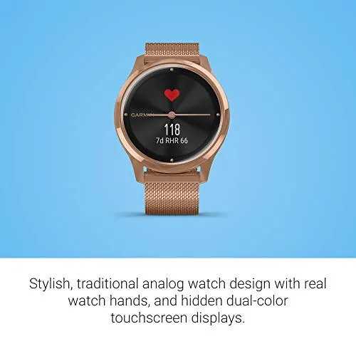 Garmin vívomove Luxe, Hybrid Smartwatch with Real Watch Hands and Hidden Color Touchscreen Displays, Rose Gold with Rose Gold Milanese Band