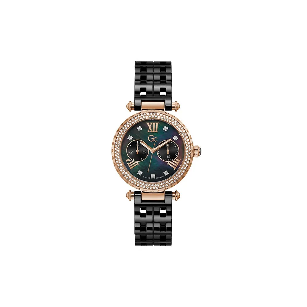 Gc Ladies Quartz Watch Rosegold Plated Steel Case With Swarovski Stones On The BezelÂ & Black Mother Of Pearl Dial