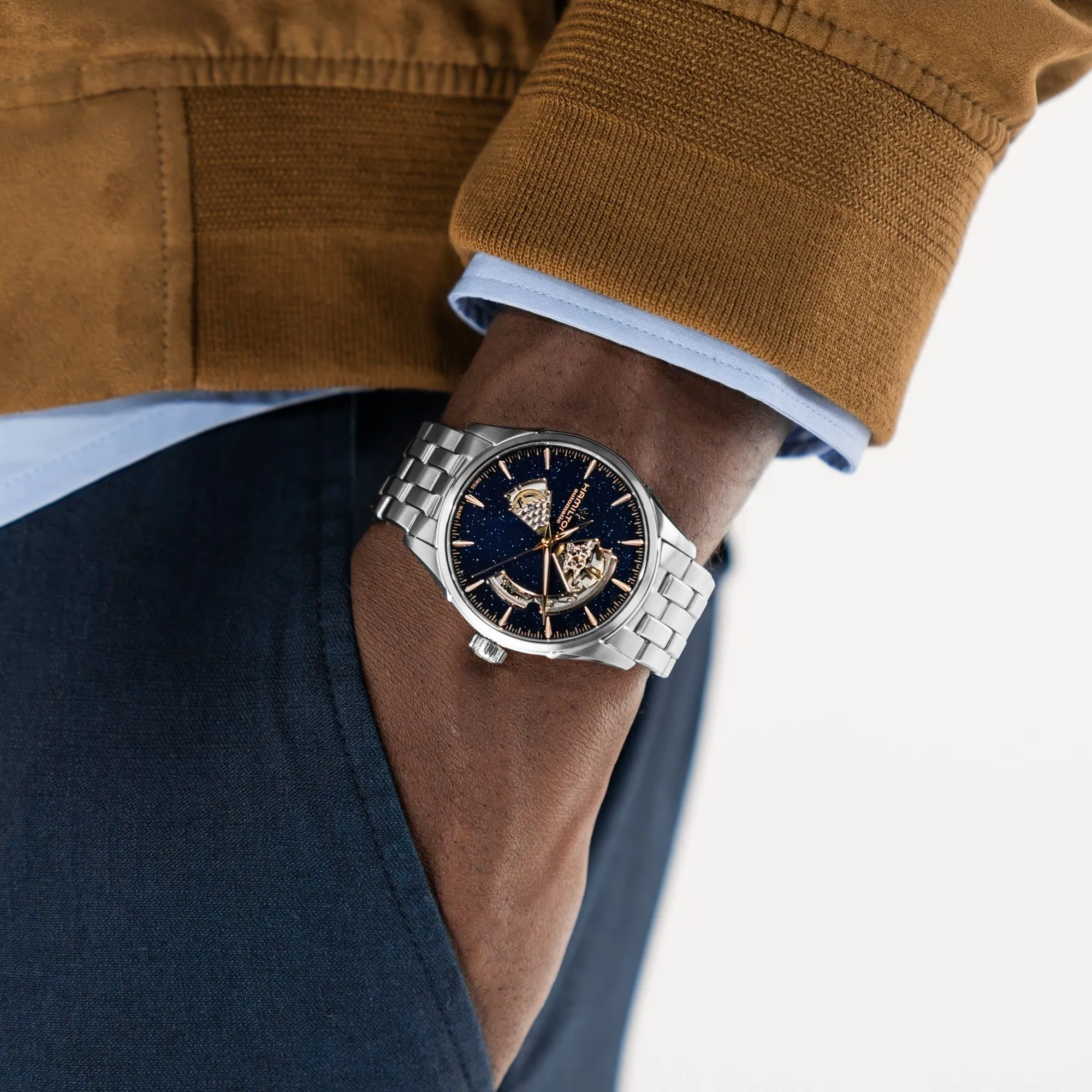 Hamilton Jazzmaster Open Heart Midnight Blue with Gold Dust Auto on Bracelet 42mm