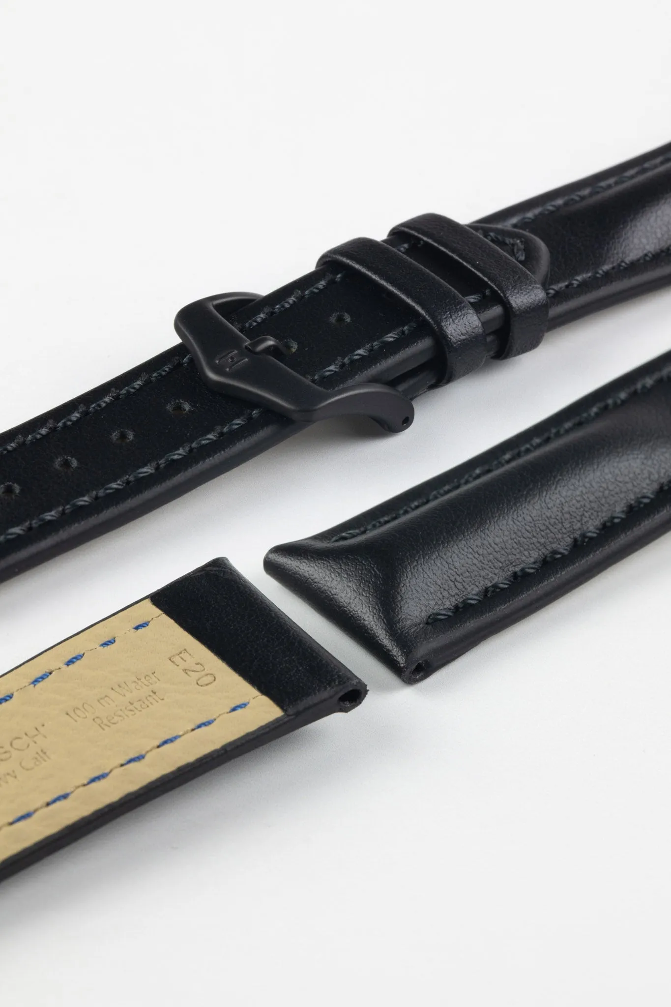 Hirsch HEAVY CALF Water-Resistant Calf Leather Watch Strap in BLACK / BLACK