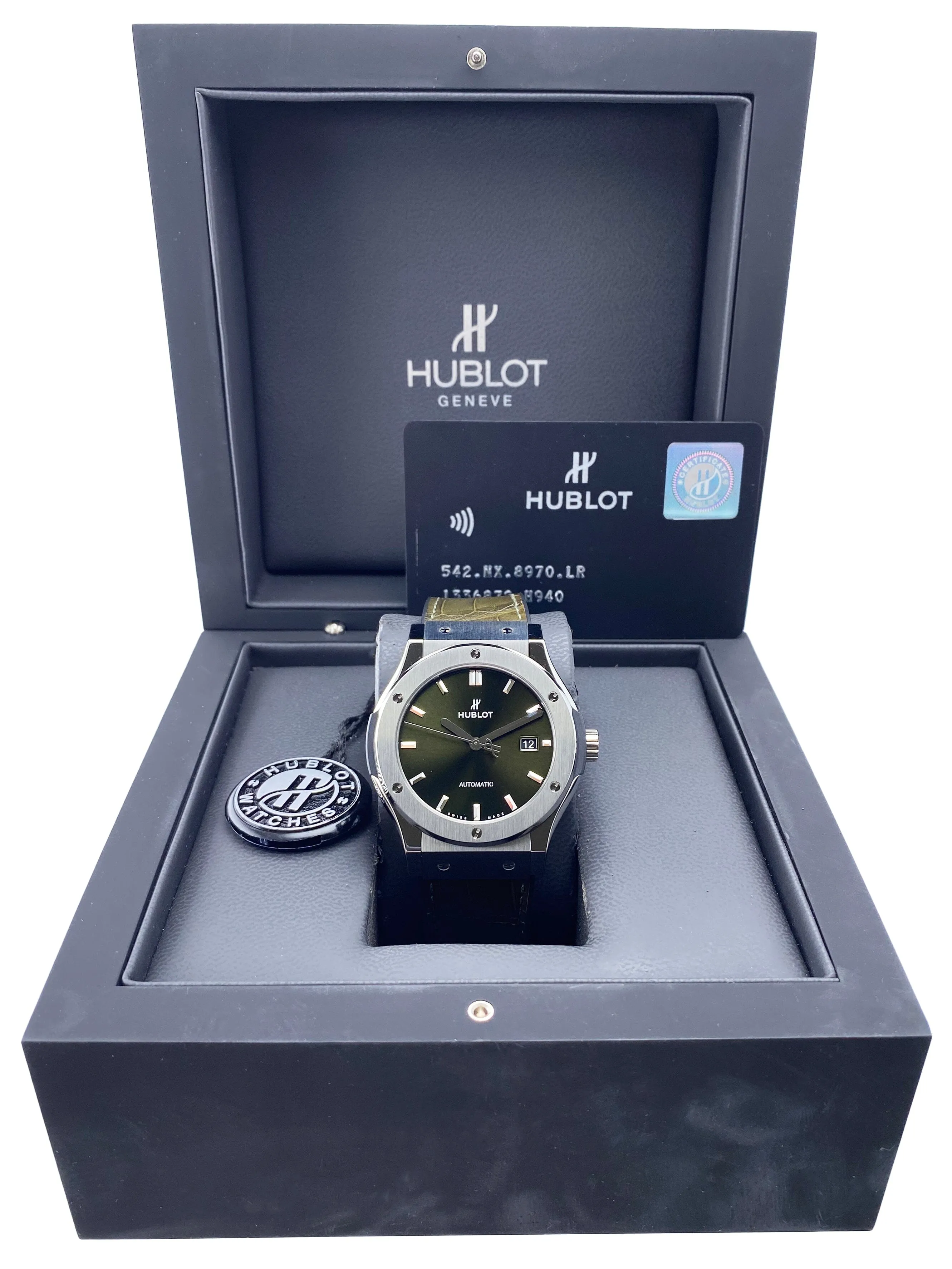 Hublot Classic Fusion 542.NX.8970.LR Green Dial Titanium Mens Watch Box Papers