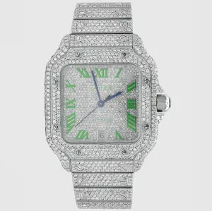 Iced Out Cartier Santos 40mm Diamond Green Dial Watch 22.6ct