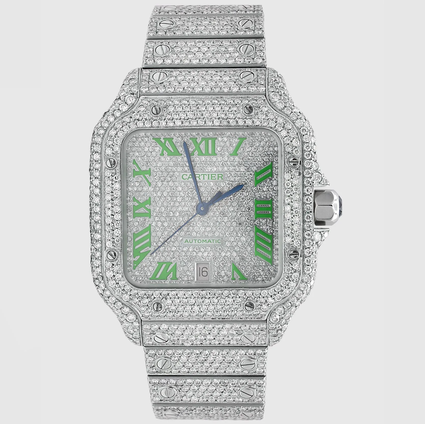 Iced Out Cartier Santos 40mm Diamond Green Dial Watch 22.6ct