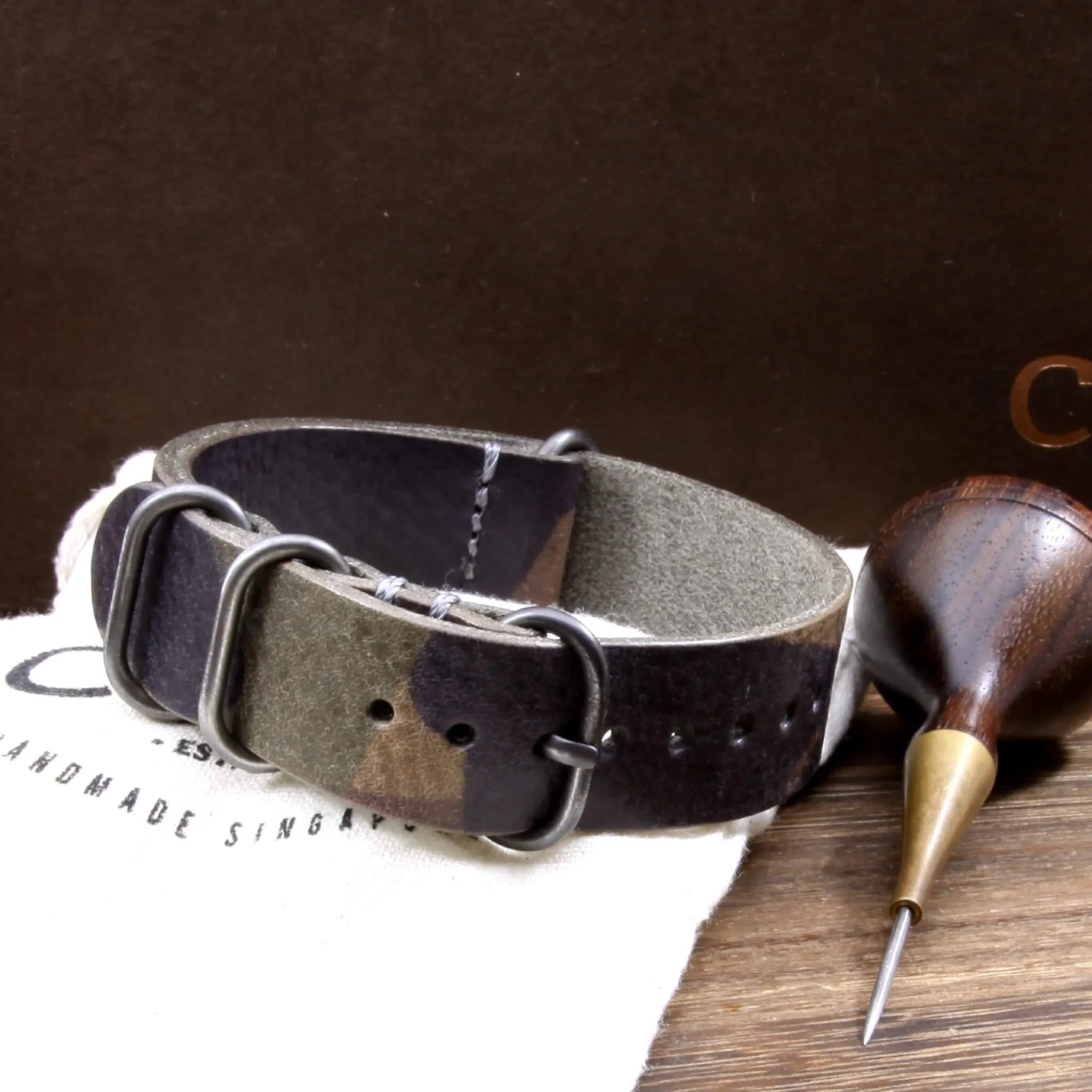 Leather Watch Strap, 4-Ring Camo Grigio