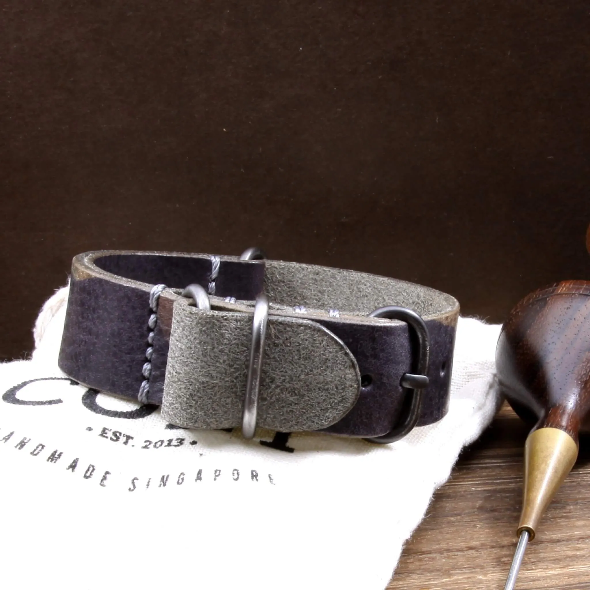 Leather Watch Strap, 4-Ring Camo Grigio