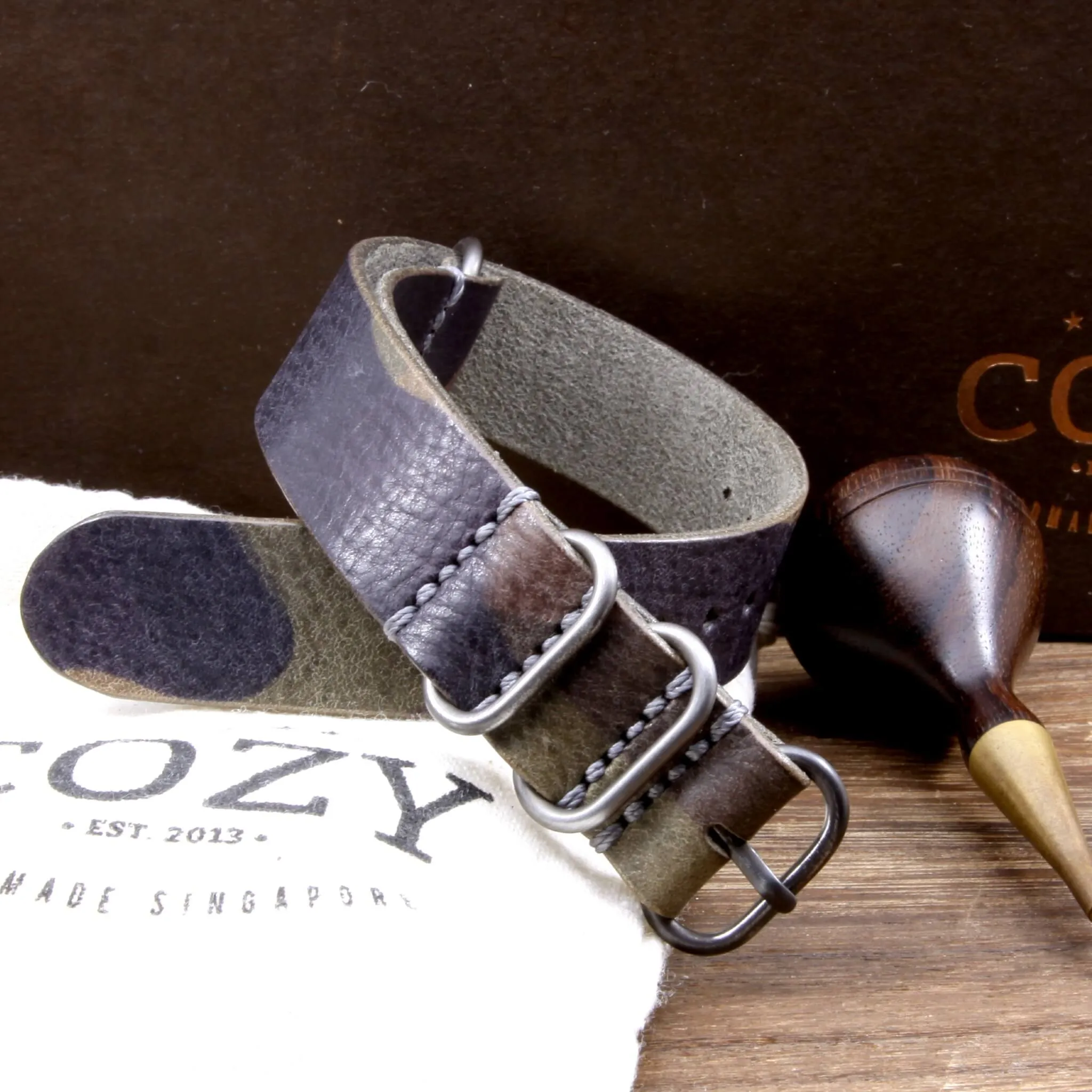 Leather Watch Strap, 4-Ring Camo Grigio