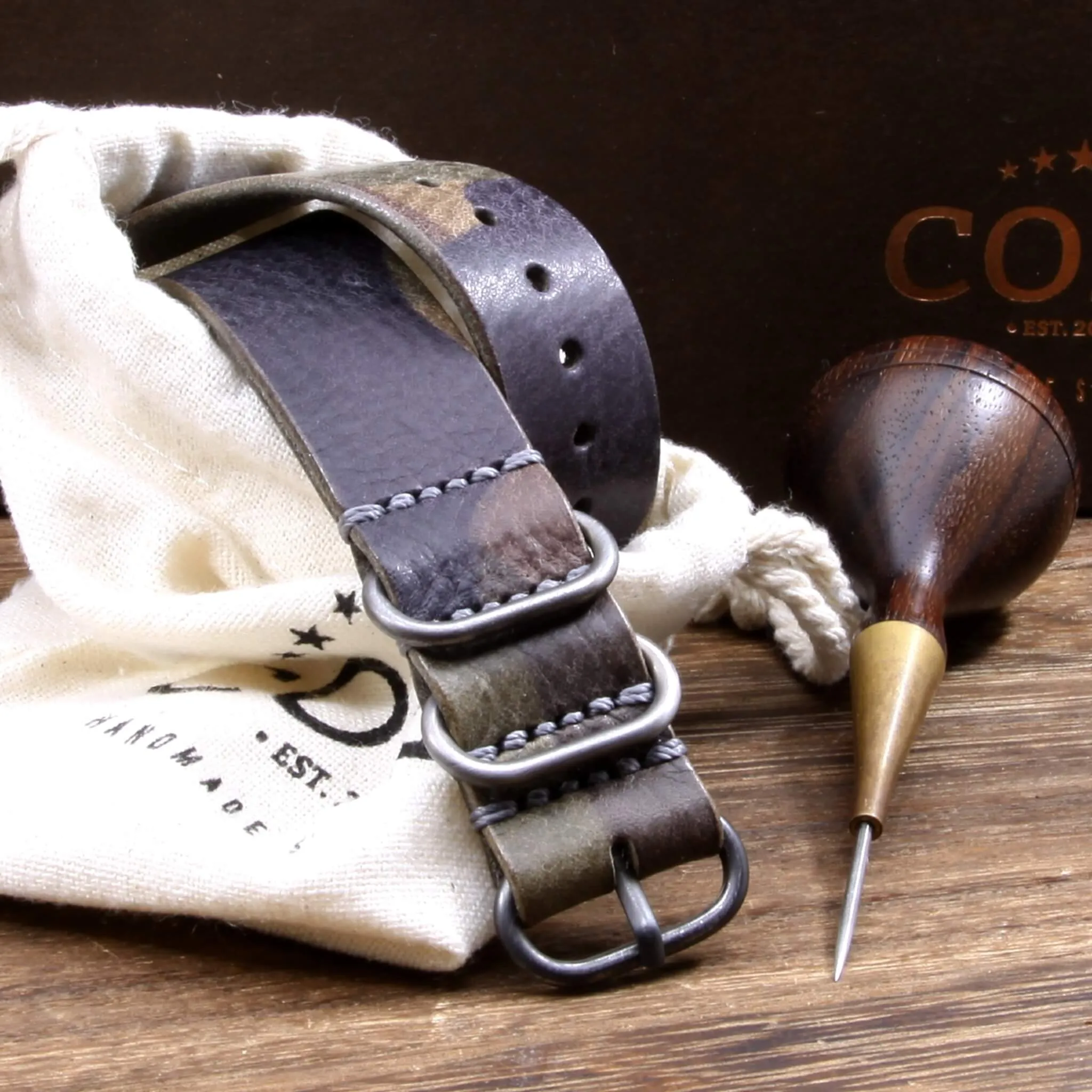 Leather Watch Strap, 4-Ring Camo Grigio
