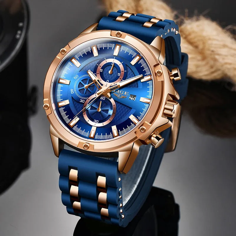 Lige Sports Chronograph  Silicone  Waterproof Wrist Watch for Men