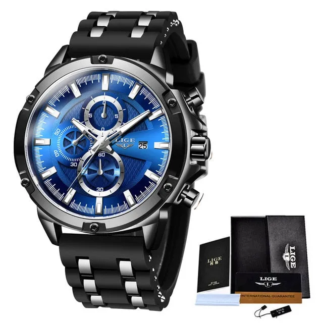 Lige Sports Chronograph  Silicone  Waterproof Wrist Watch for Men