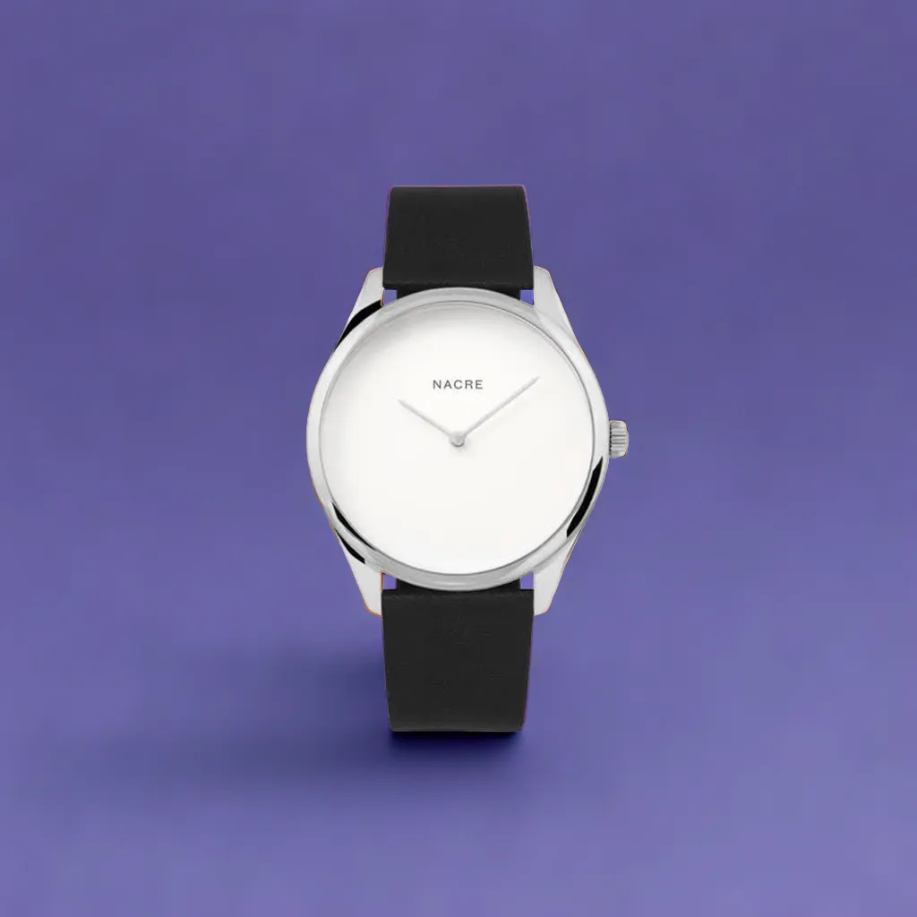Lune Watch - Pearlized Dial Stainless Steel - Black Leather