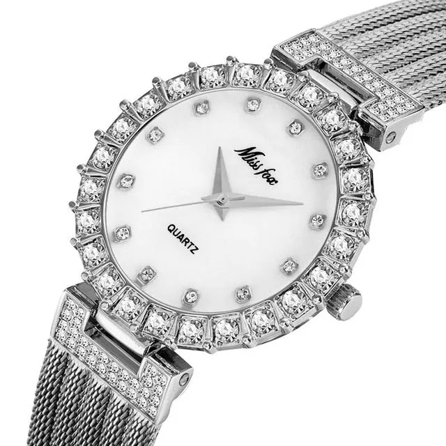 Luxury Quartz Wristwatch Bracelet Diamond 18K Yellow Gold For Women