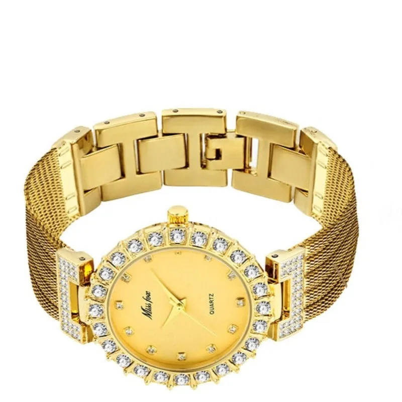 Luxury Quartz Wristwatch Bracelet Diamond 18K Yellow Gold For Women