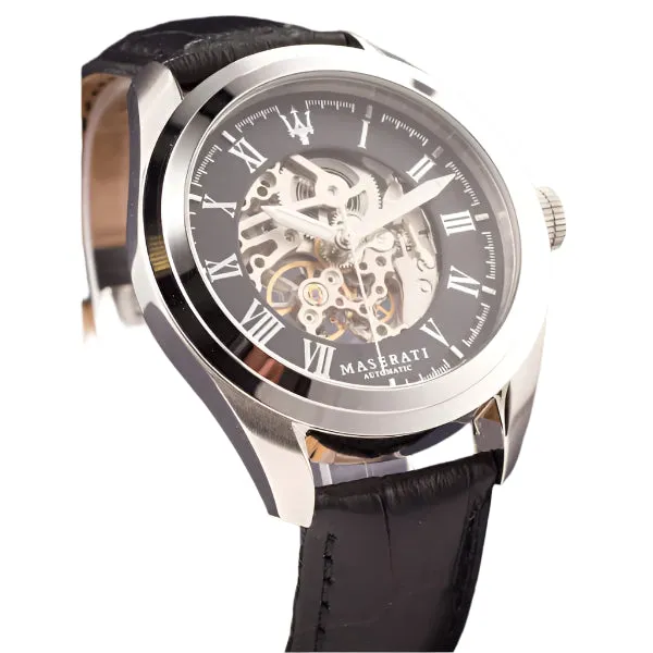 Maserati Traguardo Black Leather Strap Black Dial Automatic Watch for Gents - R88723140011
